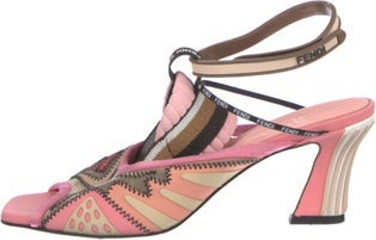 Fendi T-Strap Sandals Pink Printed Velcro Closure at Ankles