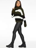 Thumbnail for your product : Quiz Knitted Stripe Long Sleeve Roll Neck Crop Jumper - Khaki