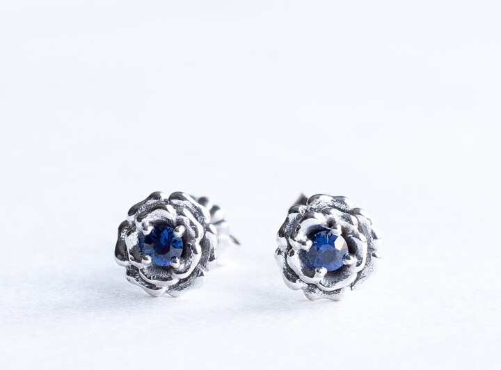 Etsy 14K White Gold Blue Sapphire Rose Stud Earrings