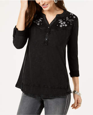 Style&Co. Style & Co Petites Split-Neck Embroidered Top