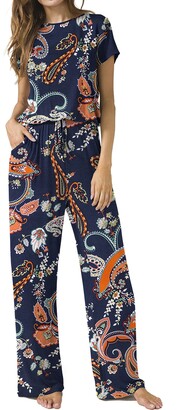 LAINAB Womens Summer Casual Floral Elastic Waist Wide Leg Jumpsuit Rompers  Pants Mint L - ShopStyle