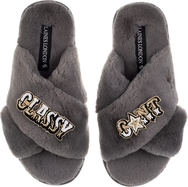 Laines London Classic Laines Slippers With Classy Cunt Brooches - Grey