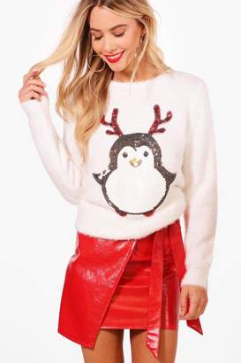 boohoo Sequin Tinsel Yarn Penguin Christmas Jumper