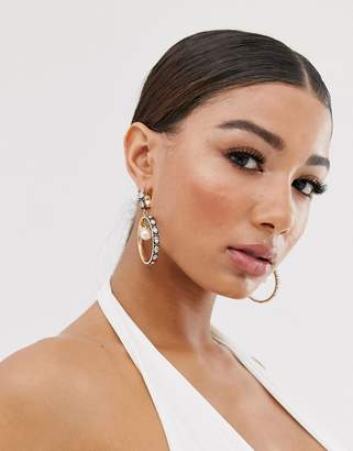 ASOS Design DESIGN hoop earrings with crystal and pearl drop in gold tone
