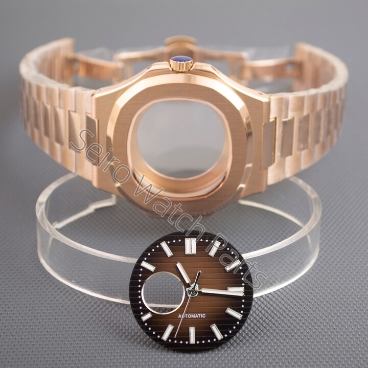 Rose Gold 40mm Watch Case Parts WatchBand For Modified Nautilus Seiko NH34 NH35 NH36 NH38 Movement 30.5mm Sapphire Crystal Glass