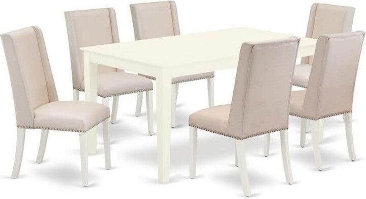East West Furniture 7-Piece Rectangle Linen White Finish Solid Wood Top Dining Set with 1 table and 6 Upholstered Chairs with Lattice Back