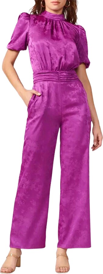 Adelyn Rae Theo Open-Back Sateen Jacquard Jumpsuit In Purple
