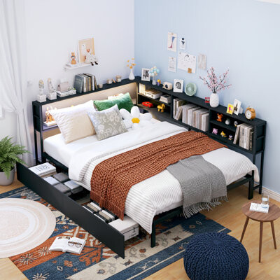 Hokku Designs Full Size Metal Corner Daybed With Bookcase Headboard LED Lights And Charging Station