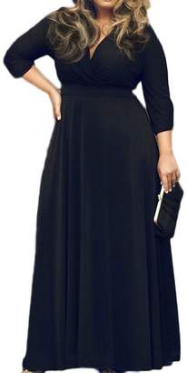 Leezeshaw Women's Solid V-Neck 3/4 Sleeve Plus Size Evening Party Maxi Dress