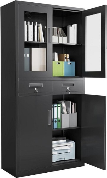 SunnyFurn GlassFileCabinet2Drawers2ShelvesBlackColdRolledSteel0.6mmThicknessH180W90D40cmOfficeStorageSolution