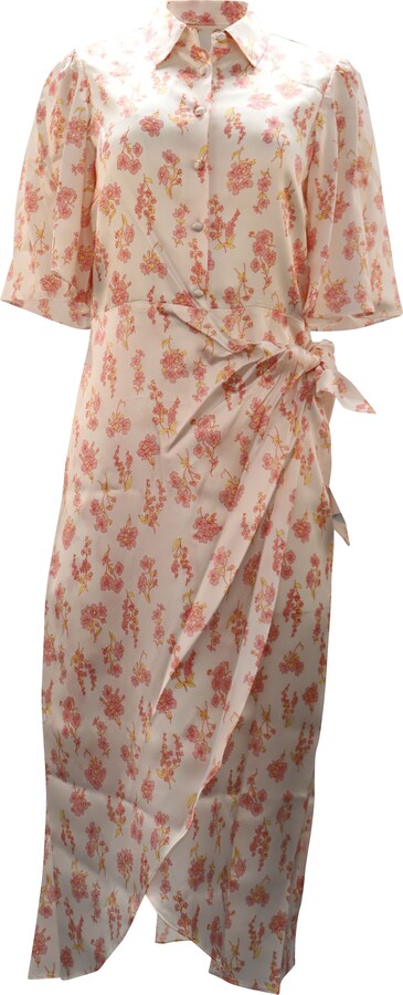 Les Rêveries Floral Print Wrap Midi Dress in White Silk
