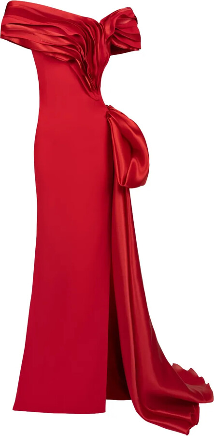 Gaby Charbachy Ruffled Bow-Embellished Evening Gown