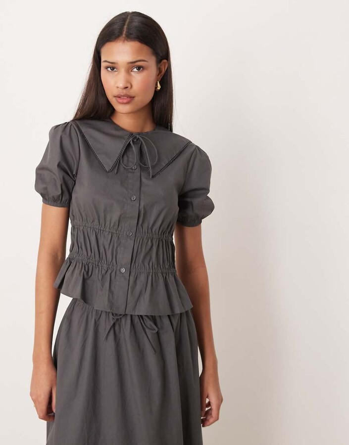 Glamorous shirred ruched blouse in gunmetal gray