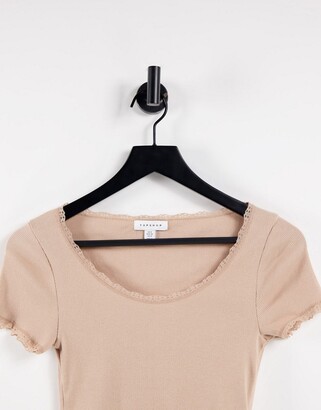 Topshop lace trim scoop T-shirt in camel