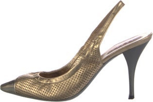 Prada Linea Rossa Leather Slingback Pumps Gold Rubber Trim Pointed-Toes with Lasercut Accents Unfortunately, due to restrictions, this item may not be eligible for shipping in all areas.