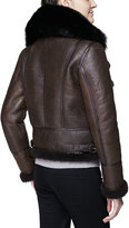 Thumbnail for your product : Burberry Cropped Fur-Trim Aviator Biker Jacket, Chocolate