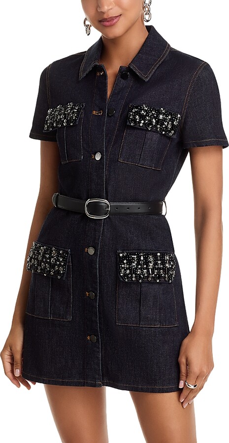 Self-Portrait Indigo Denim Crystal Trim Mini Dress