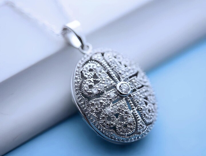 Etsy Oval Cubic Zirconia Locket Necklace Solid Sterling Silver Fancy 0.70'x0.90\