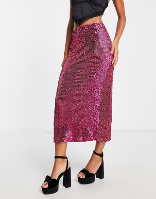 Topshop sequin midi skirt in hot pink - ShopStyle