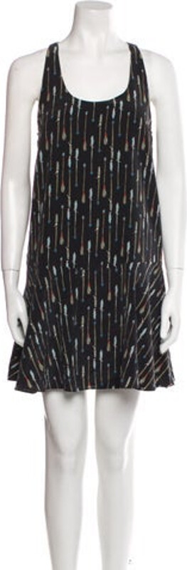 Joie Silk Tent Dress Black Printed Ruffle Embellishment Sleeveless with Scoop Neck Concealed Zip Closure at Side Designer