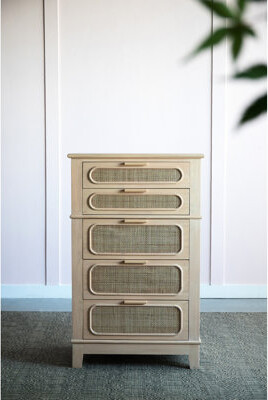 29x18x46" Tall Chest, Bohemian Mid-century Theme, Pine Veneer, , Brown Finish Cabinet, 29x18x46", Look, Wood Color