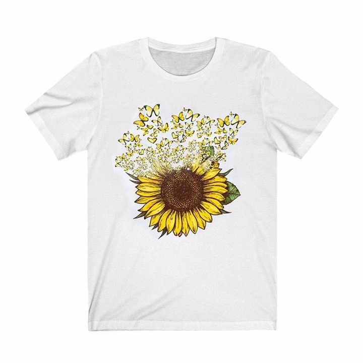 Women Fashion Summer Sunflower Print Short Sleeved O-Neck T-shirt Blouse Tops
