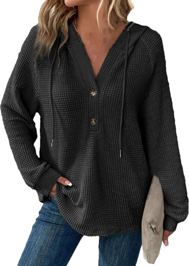 Generic Women's Fashionable Long-Sleeved Drawstring Waffle Knit Hoodie Perfect for Everyday Fall Wear.