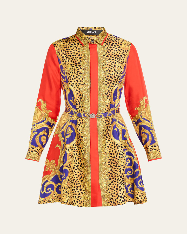 Versace Cheetah Barocco Silk Twill Shirtdress