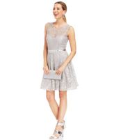 Thumbnail for your product : Betsy & Adam BETSY  ADAM Petite Illusion Foiled Lace Belted Dress