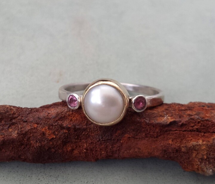 Etsy Pearl Engagement Ring Unique Ook Pearl Ring 14K Gold & Sterling Silver Ring Alternative Ring Pearl Ring