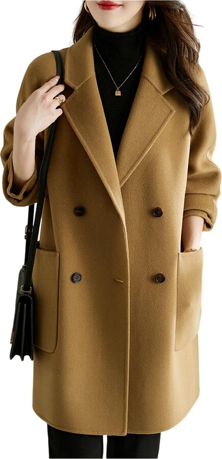 QREXVOG Women's Wool Pea Coats Wool Coat Mid-length Woolen Coat Trench ...