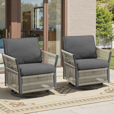 Outdoor Swivel Rocker Patio Chairs, 2 Pieces Rope Swivel Wicker Chairs Porch Furniture Set With 4" Premium Fabric Cushion & All-Weather Frame For Porc