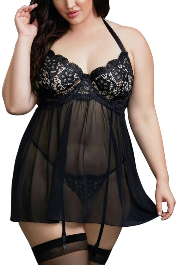 Dreamgirl Womens Plus Size Babydoll with Floral Embroidery and G-String Set 