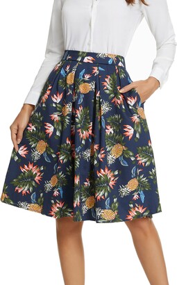 Tandisk Women's Vintage A-line Printed Pleated Flared Midi Skirt with Pockets 