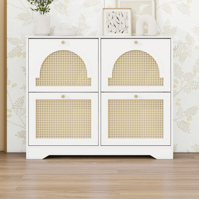 Bayou Breeze Modern Shoe Cabinet with 4 Rattan Flip Drawers and 2 Hooks for Entryway