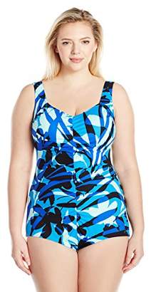 Maxine Of Hollywood Women's Plus Size Printed Spa V-Neck Shirred Girl Leg One Piece Swimsuit