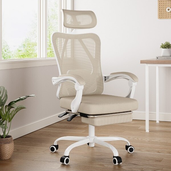 MAYEERTYErgonomicMeshOfficeChair-WithHeadrestLumbarSupport&FootrestforHomeOffice&Study(Khaki)