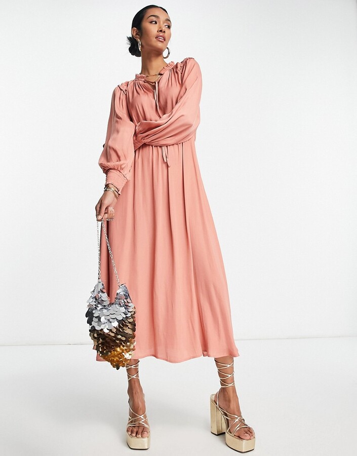 Vila satin maxi dress with ruffle detail in coral - ShopStyle