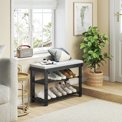 Adjustable Shoe Rack Bench With Cushion For Entryway, Pool House & Living Room, Black 3 Room ,