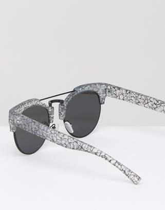 ASOS Top Bar Round Sunglasses With Flat Lens In Linear Transfer Print