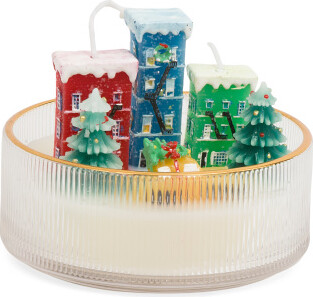 TJMAXX 9Oz Buildings And Taxi In Glass Dish Scented Candle, Gold