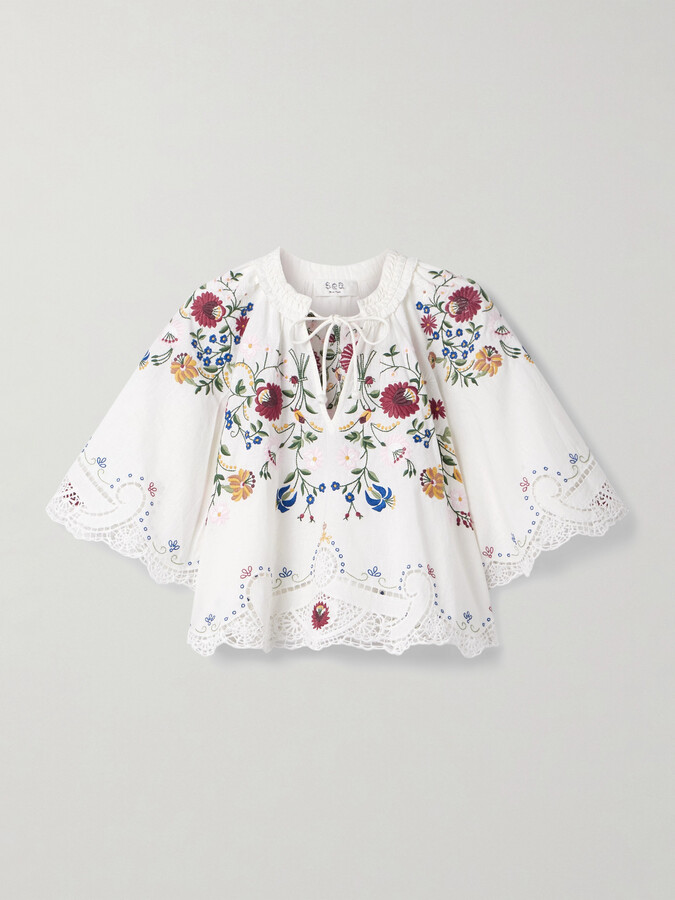 Sea Celia Tie-neck Ruffled Broderie Anglaise Cotton And Linen-blend Blouse - Cream