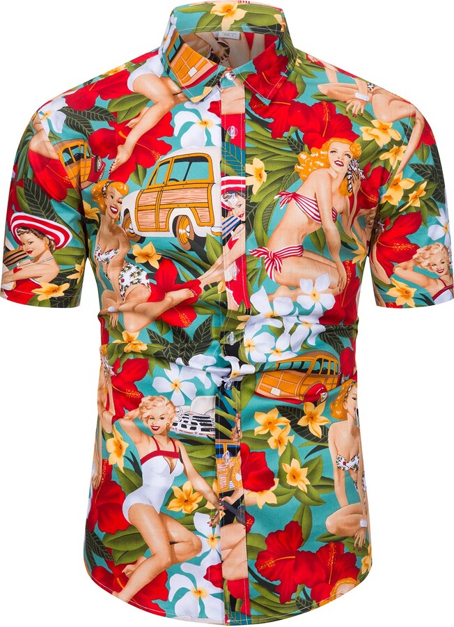 fohemr Mens Hawaiian Hula Girls Print Short Sleeve Shirt Casual Button