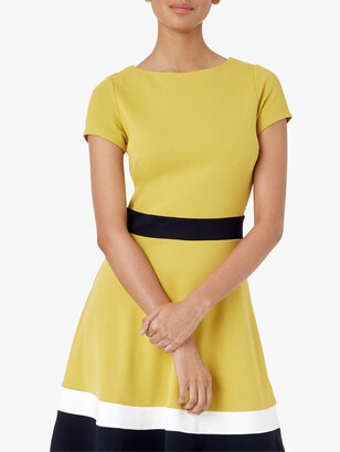 Hobbs London Seasalter Colour Block Flared Dress, Yellow/Navy