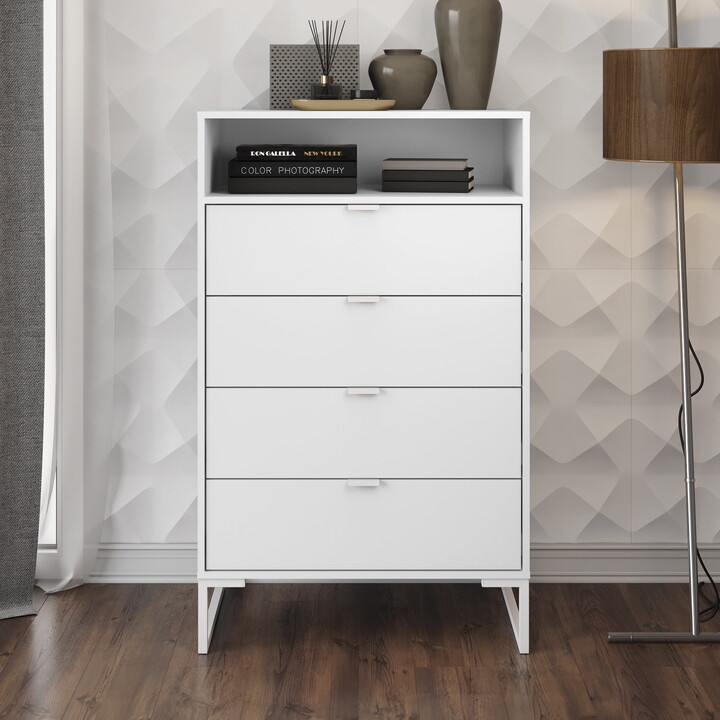 Kappesberg Collins White Tall 4-Drawer Dresser with Open Shelf – 29.1"W