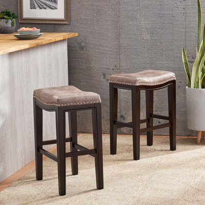 Red Barrel Studio Fabric Upholstered Wood Bar Stools Set with No Back,Nailed Head