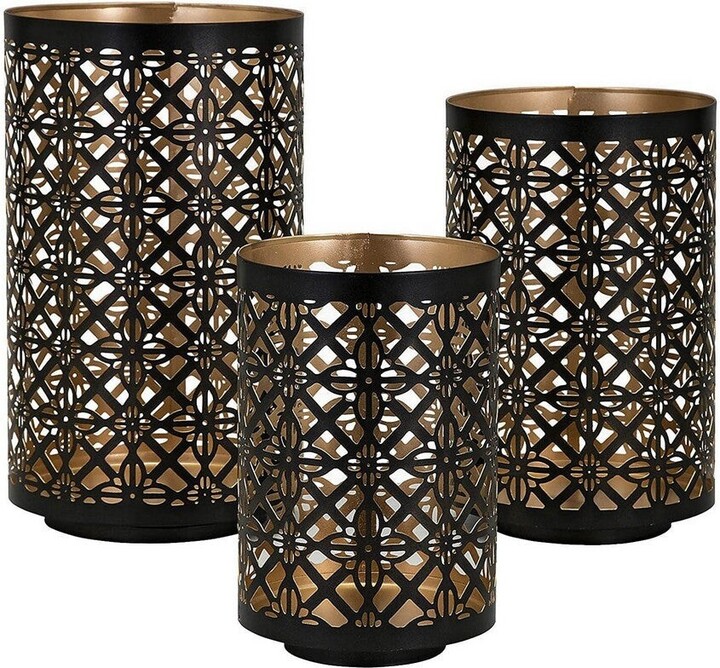 Set of 3 Lantern Candle Holders, Moroccan Lattice, Gold, Black Metal