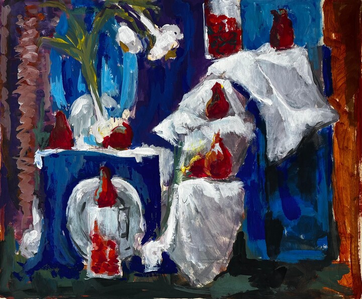 Guy Nicod, Still Life with Garlic Strawberries and White Drapes French Modernist Gouache