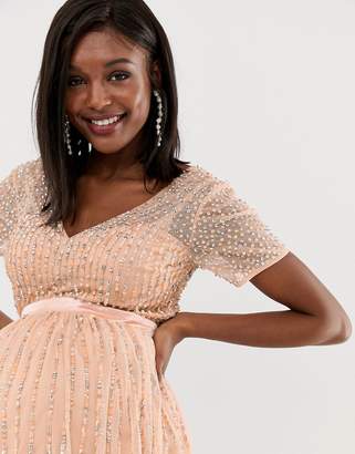 Maya Maternity mesh all over scattered sequin pleated maxi dress in soft peach