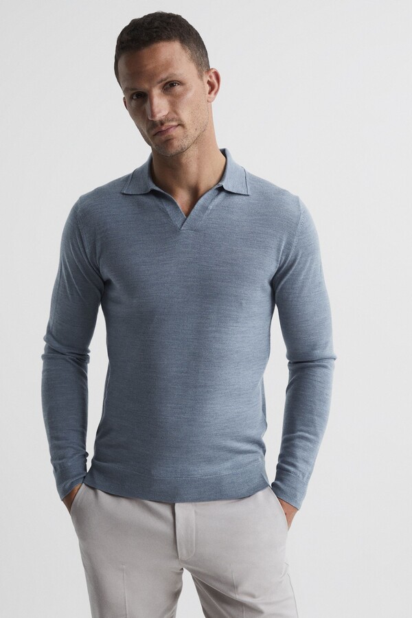 Reiss Denim Melange Milburn Merino Wool Open Collar Polo Shirt - ShopStyle
